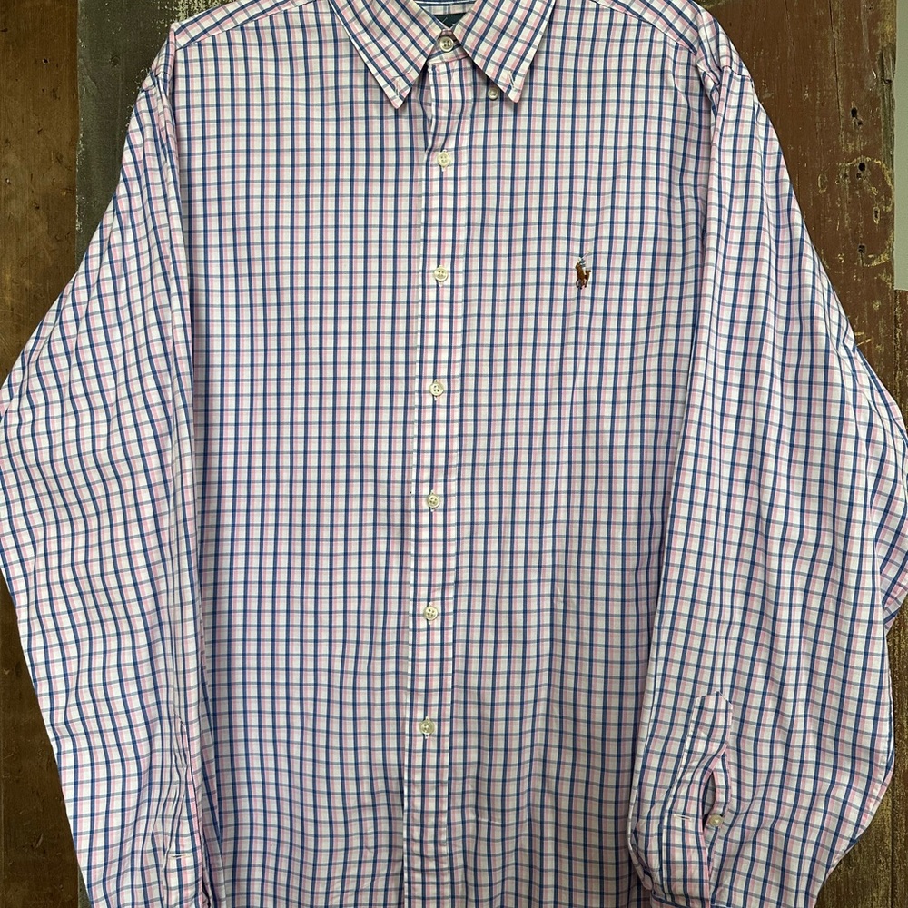 Men’s Size 17 36/37 Ralph Lauren Pink Blue and White Casual Button Down Shirt